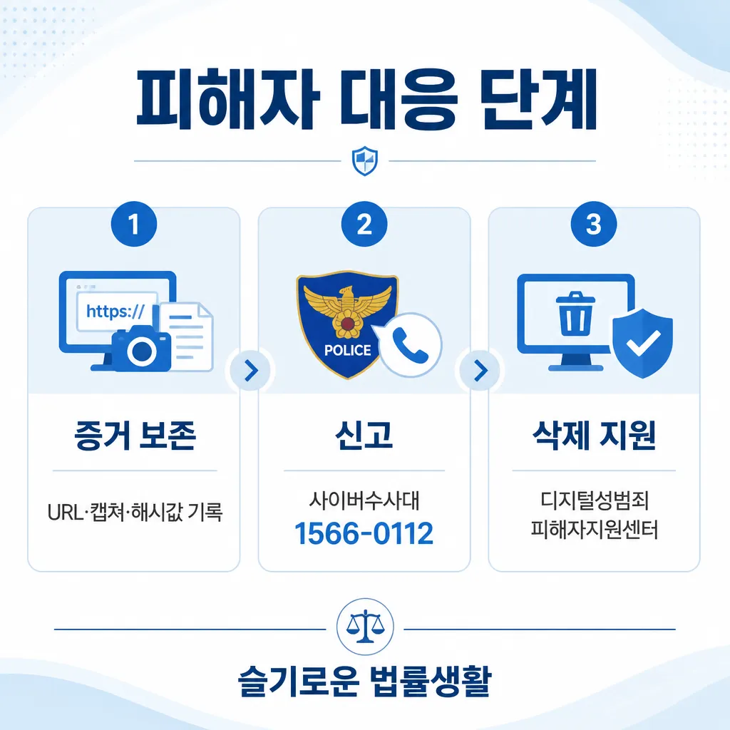 딥페이크 처벌 — 피해자 대응 단계 (증거 보존·신고·삭제 지원)