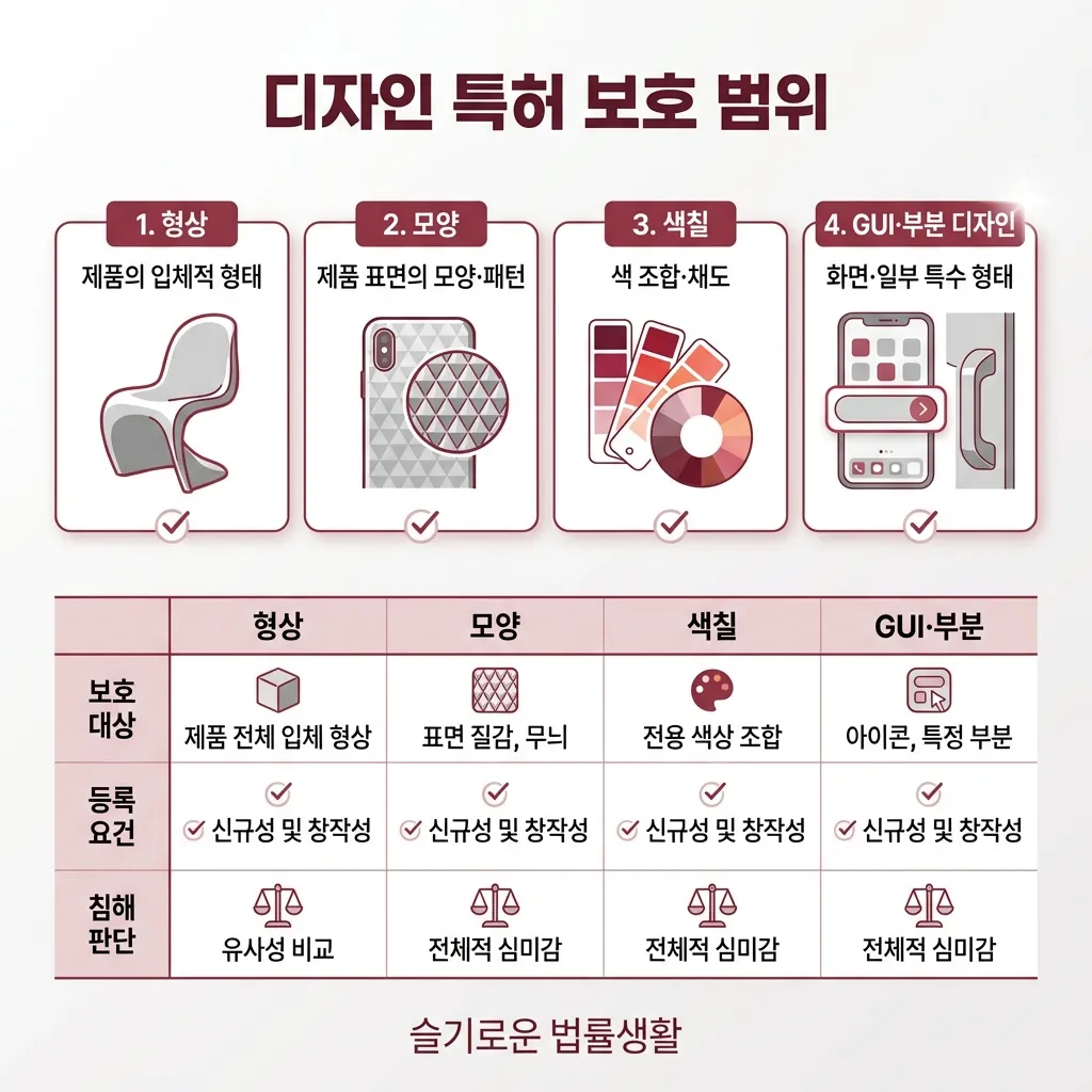 디자인 특허 보호 범위 — 형상·모양·색채·GUI