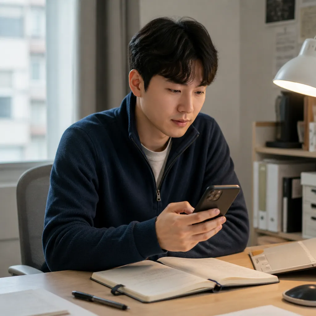 사회초년생 대출 — 직장인이 가정에서 모바일 뱅킹 앱으로 한도 조회하는 모습