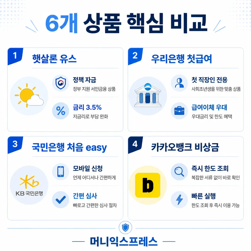 사회초년생 대출 6개 상품 핵심 비교 — 햇살론·우리·국민·카카오뱅크