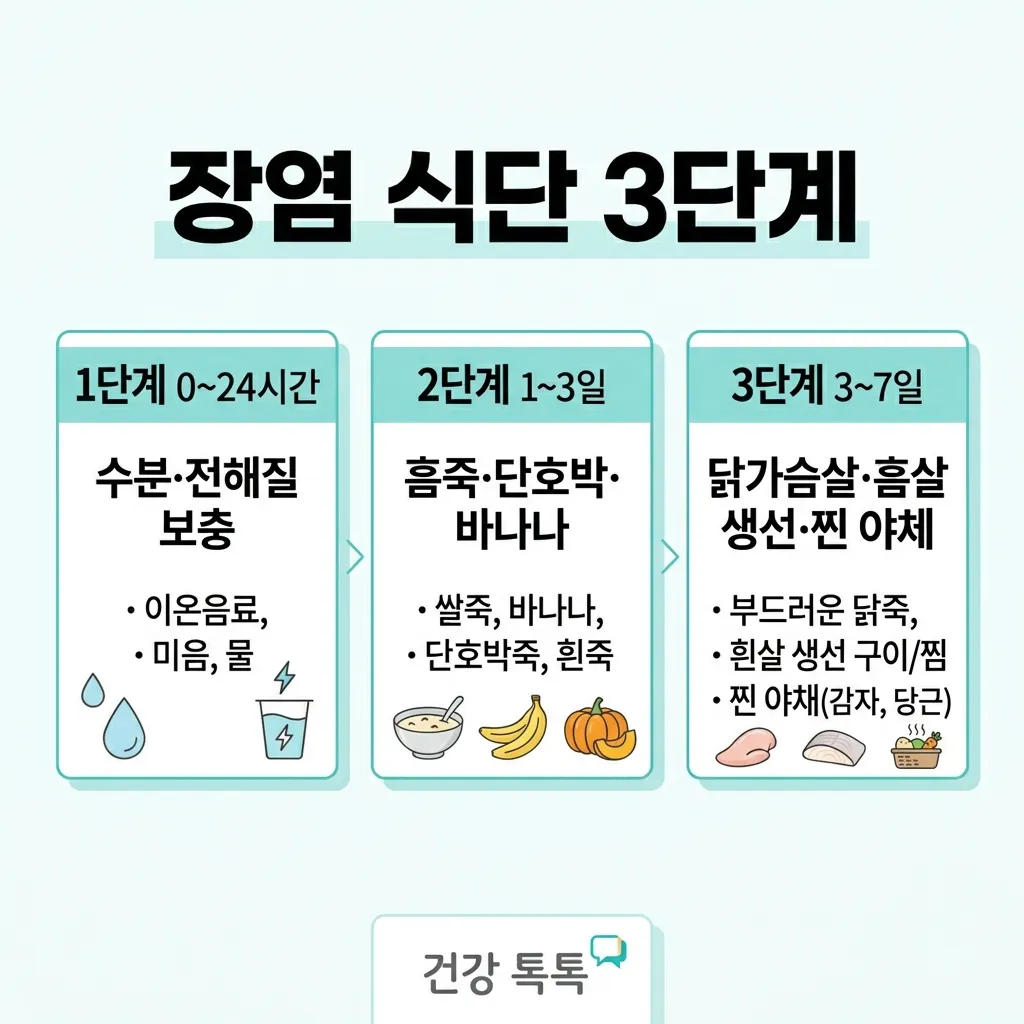 장염 식단 3단계 — 수분·미음·단백질
