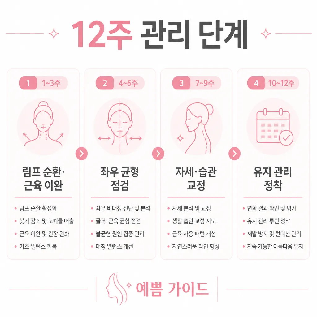 안면비대칭 경락 12주 관리 단계 — 림프·균형·교정·유지