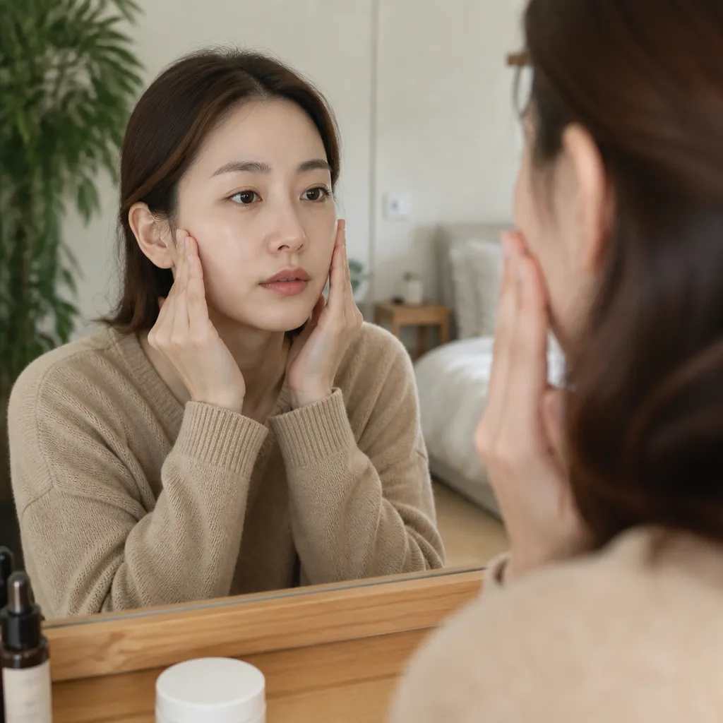 안면비대칭 경락 — 거울로 좌우 균형을 점검하는 모습