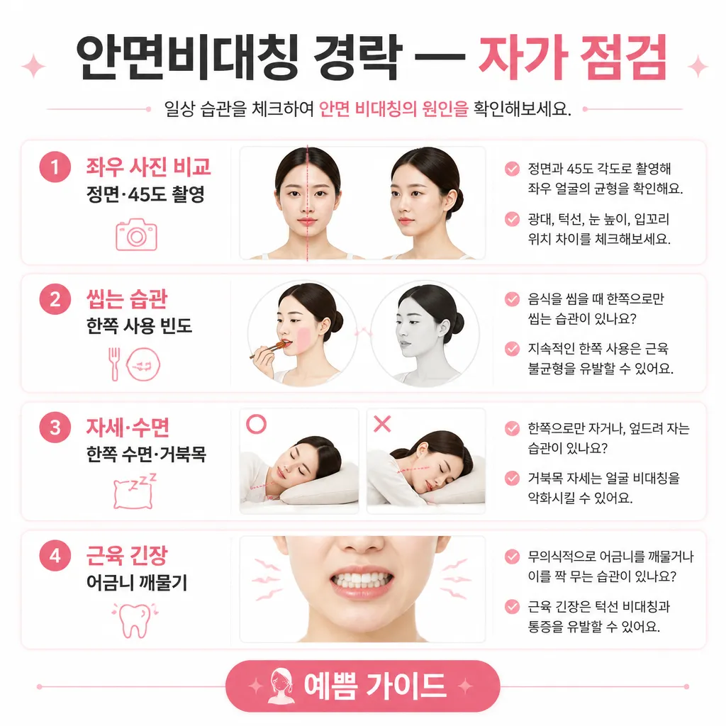 안면비대칭 경락 자가 점검 — 사진·습관·자세·근육 4항목