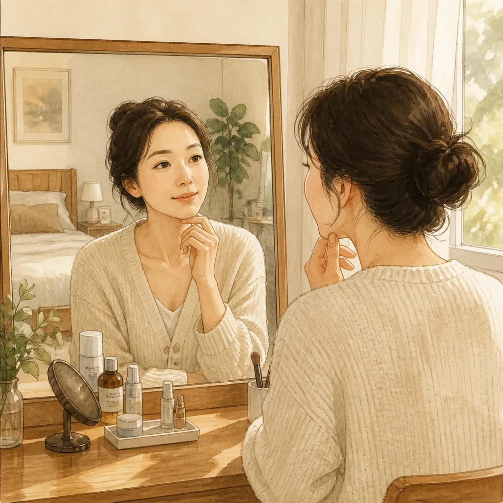 지방분해 주사 — 가정에서 거울 보며 결정을 검토하는 모습