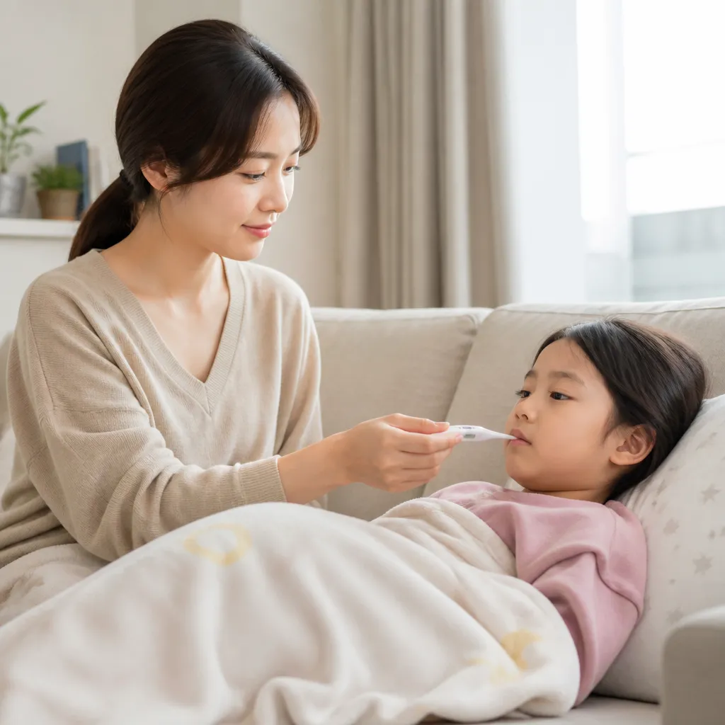해열제 교차 복용 — 가정에서 아이 체온 확인하는 모습