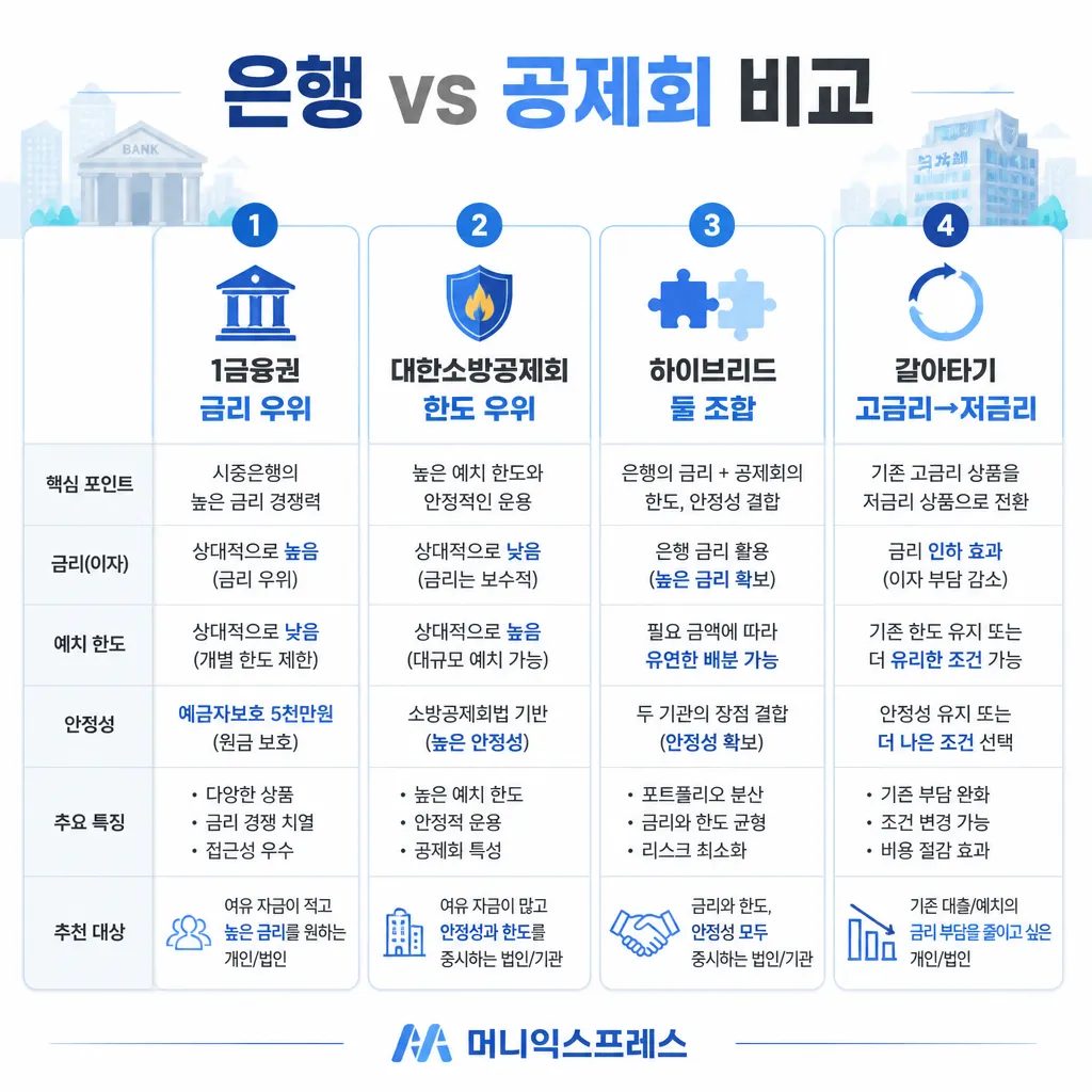 은행 vs 공제회 비교 — 1금융권 금리·공제회 한도·하이브리드·갈아타기