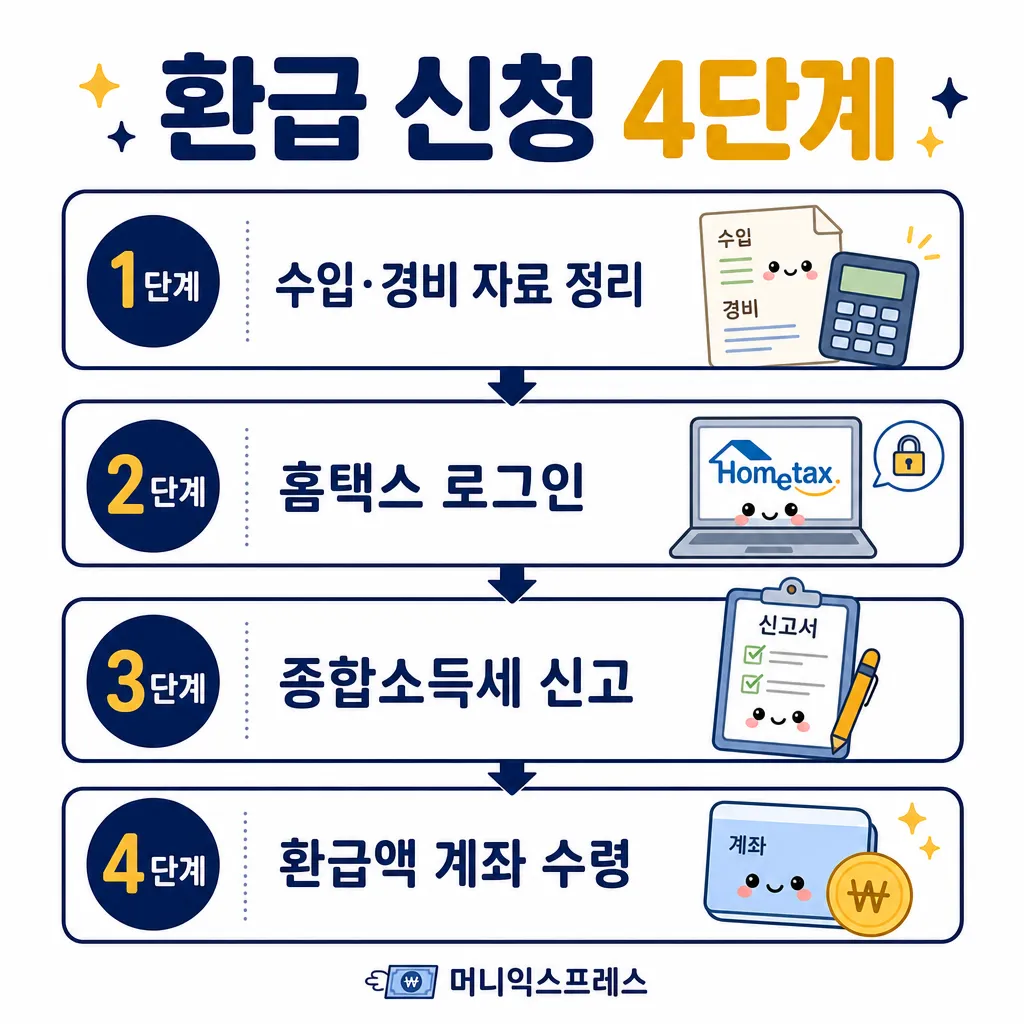 프리랜서 종합소득세 환급 신청 4단계 카와이 인포그래픽