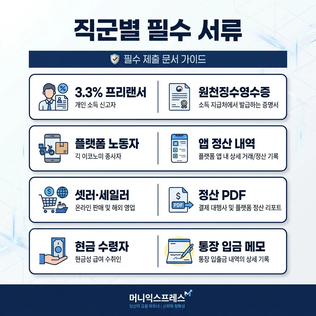 프리랜서 햇살론 직군별 필수 서류 — 4축 정리