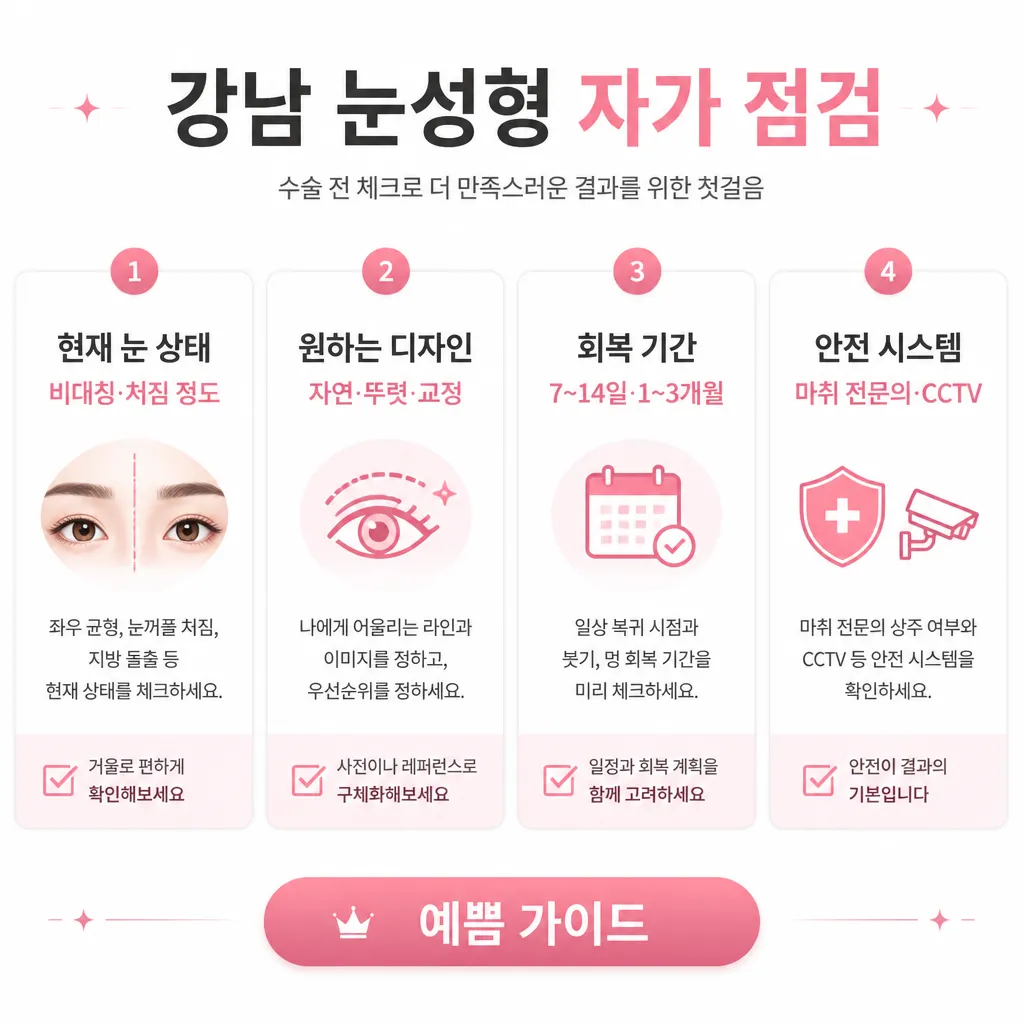 강남 눈성형 자가 점검 — 눈 상태·디자인·회복·안전 4항목