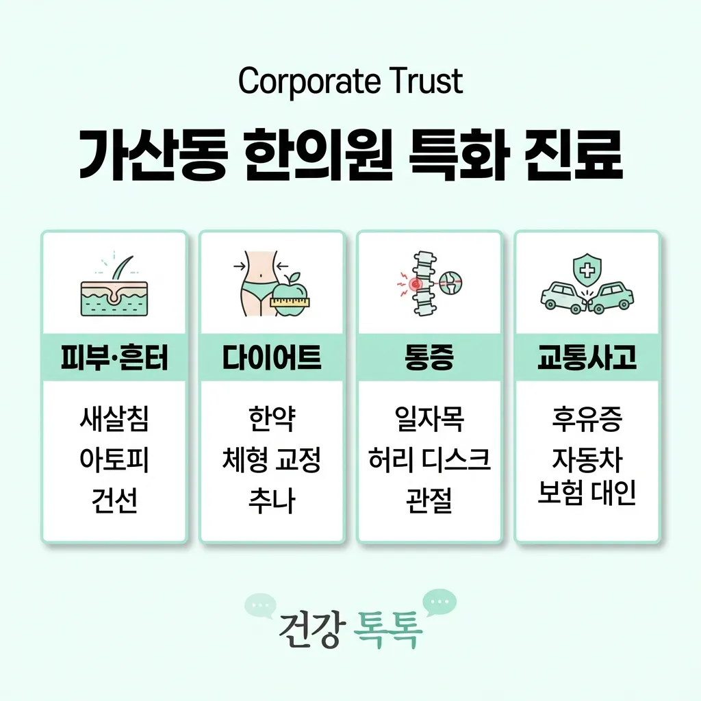 가산동 한의원 특화 진료 4분야 — 피부·다이어트·통증·교통사고