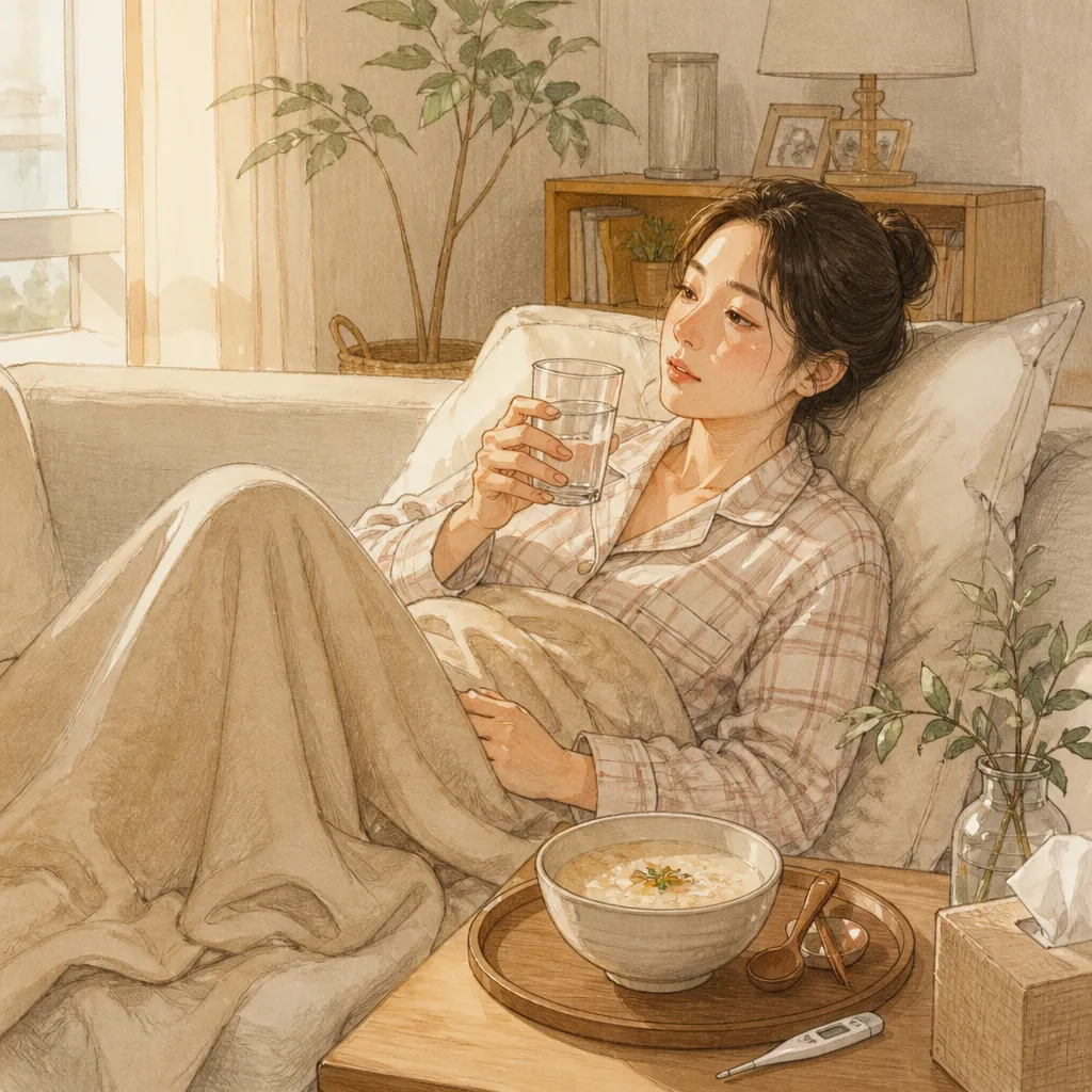 집에서 죽 먹으며 휴식하는 모습