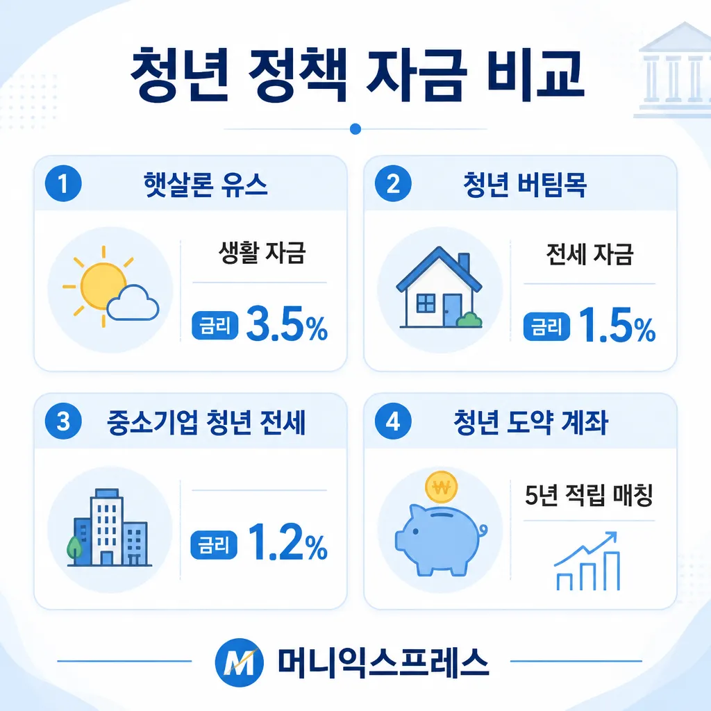 청년 정책 자금 비교 — 햇살론·버팀목·중기청·도약 계좌