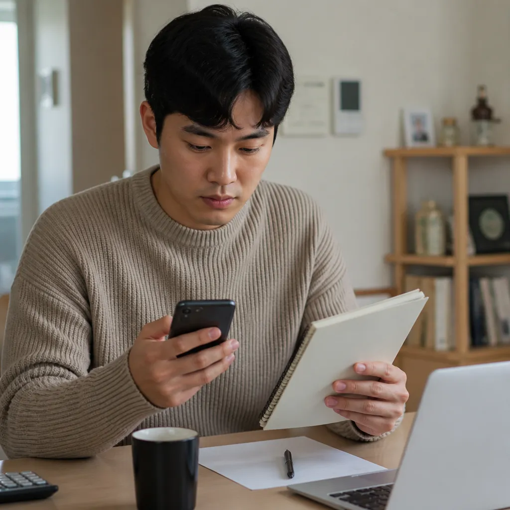 햇살론 유스 — 가정에서 모바일 뱅킹 앱으로 신청 검토하는 모습