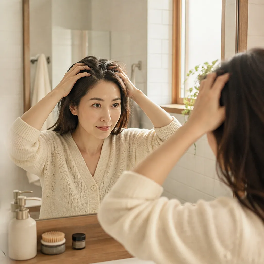 머리숱 — 가정에서 두피 마사지하는 모습