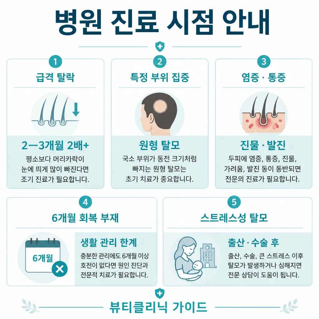머리숱 — 의료기관 진료 시점 안내 (급격 탈락·원형·염증·6개월·스트레스성)