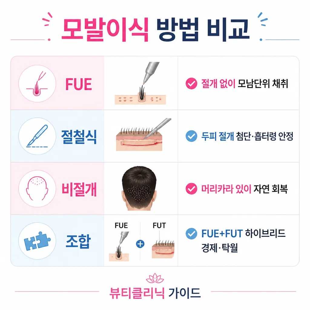 모발이식 방법 비교 카와이 인포그래픽