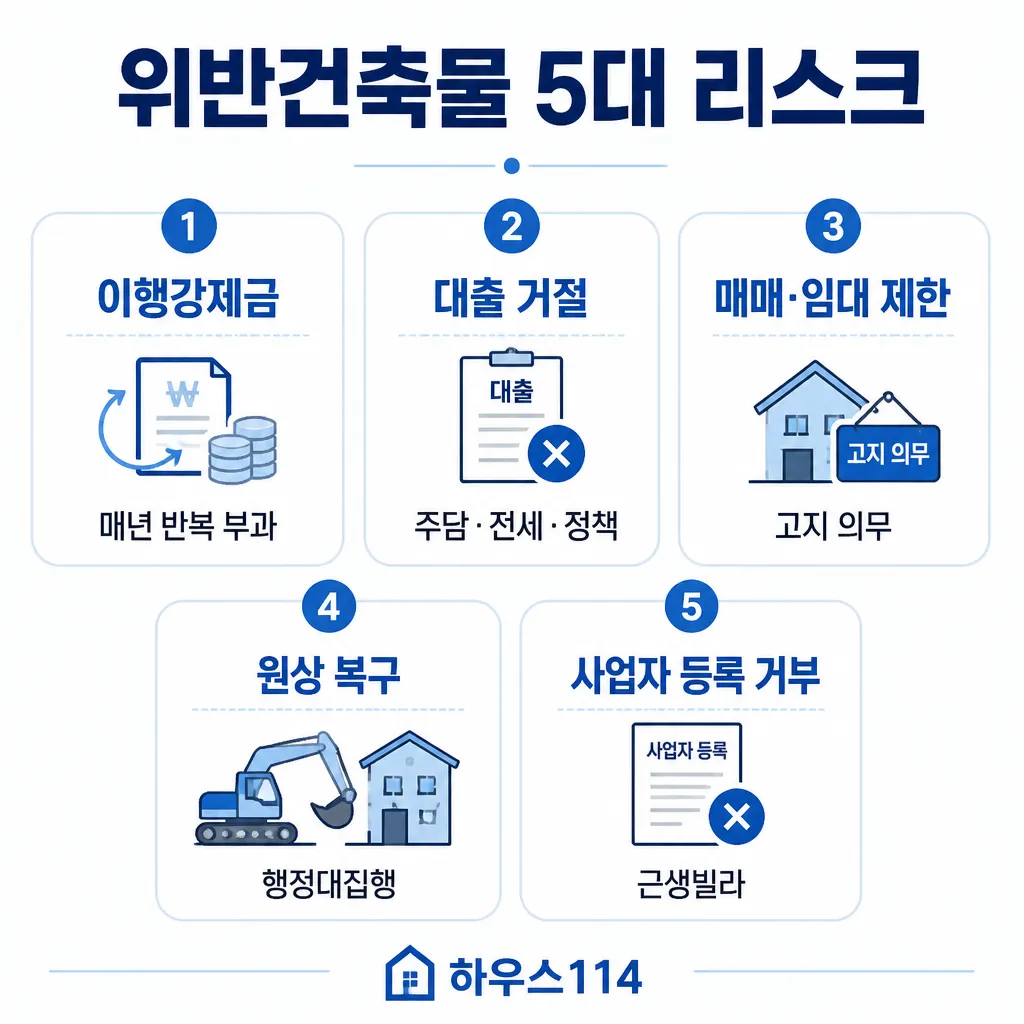 위반건축물 5대 리스크 — 이행강제금·대출 거절·매매 제한·원상 복구·사업자 등록