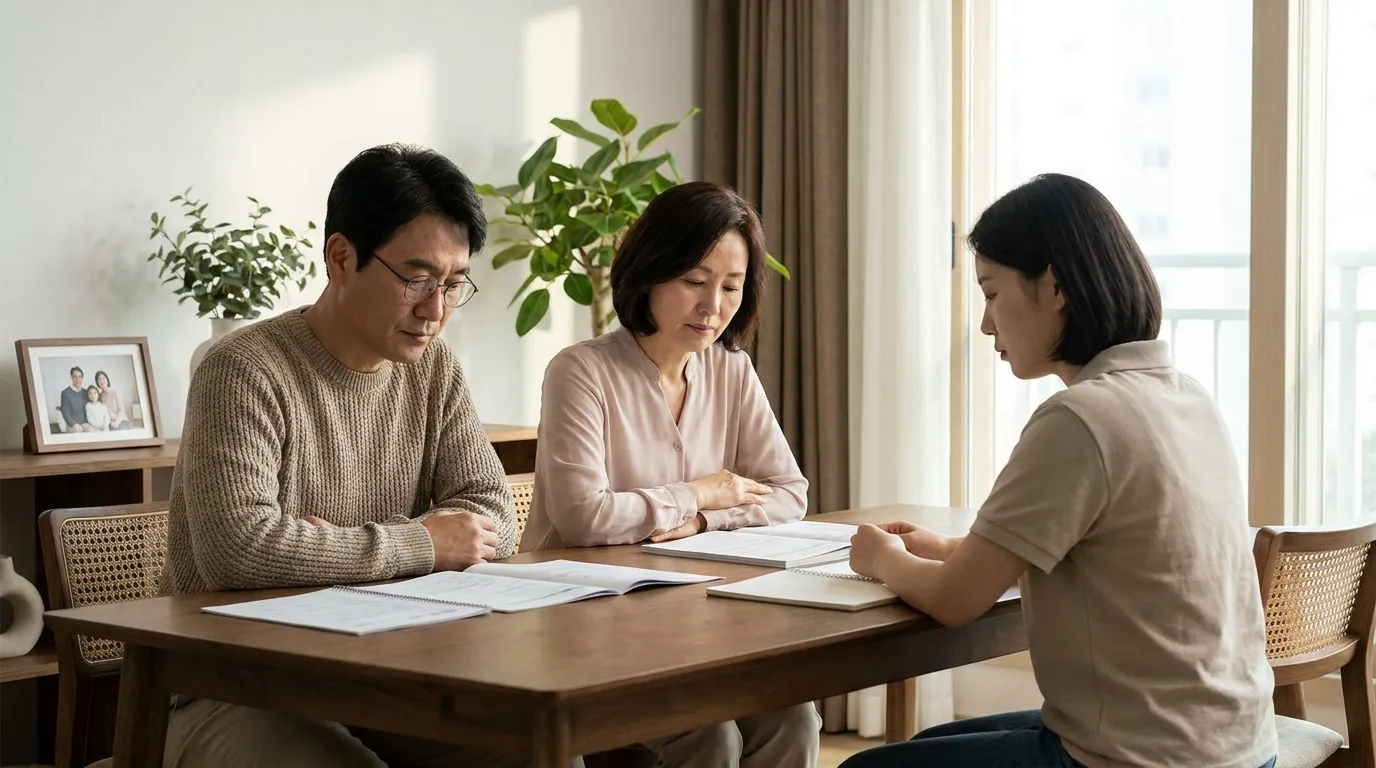 상속재산분할 — 가족이 함께 서류 검토 모습
