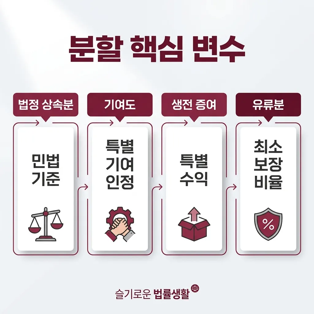 상속재산분할 핵심 변수 — 법정 상속·기여도·증여·유류분