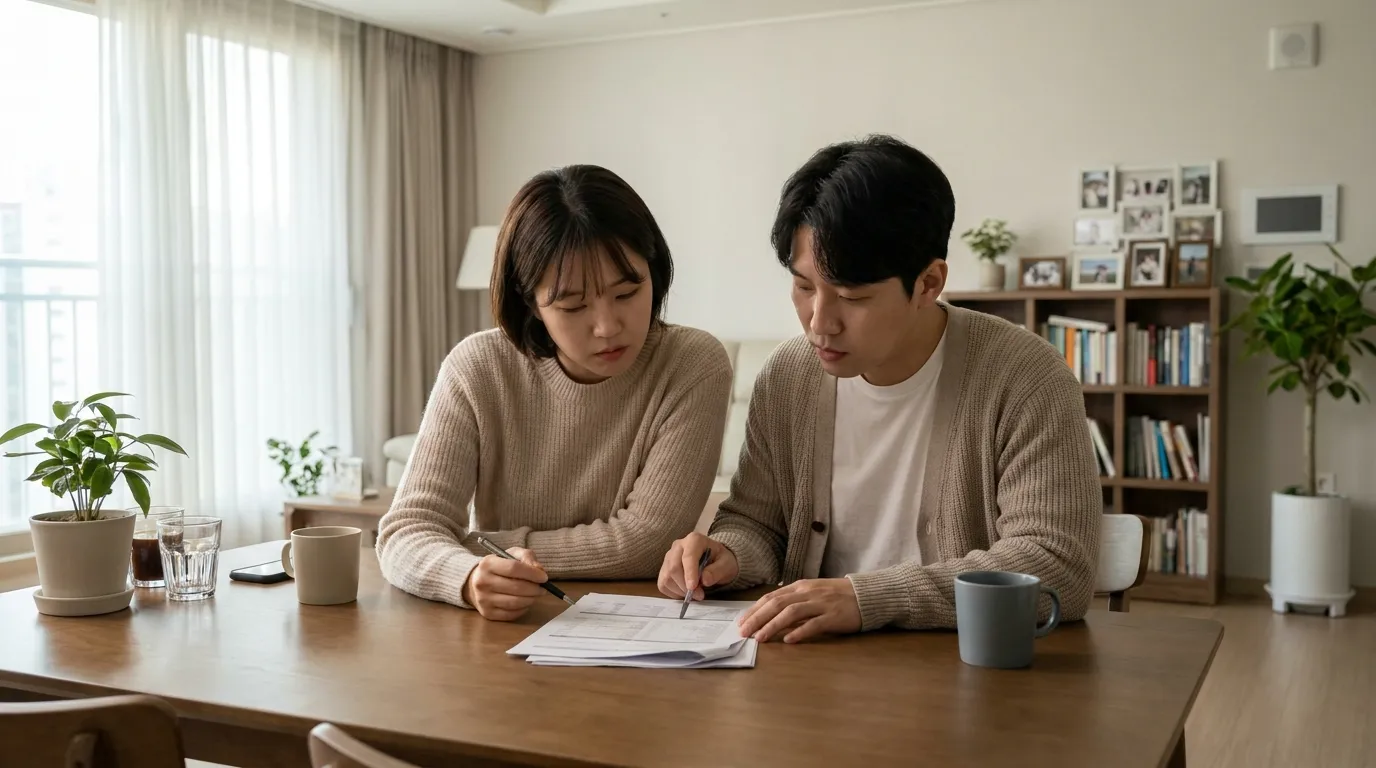전전세계약서 — 30대 부부가 거실에서 계약서 검토 모습