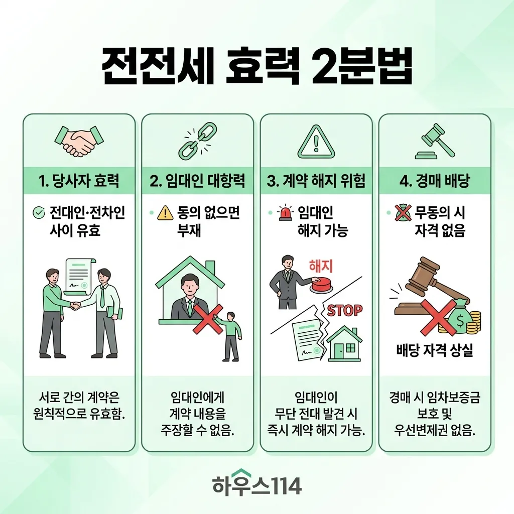 전전세계약서 효력 2분법 — 당사자·임대인·해지·경매