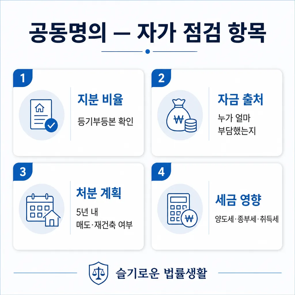 공동명의 — 자가 점검 항목 (지분·자금·처분·세금)