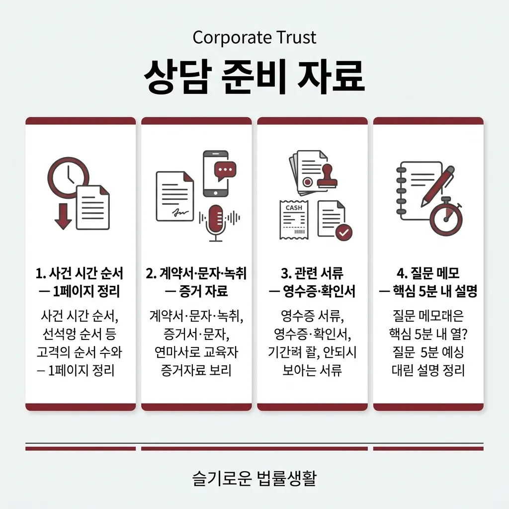 변호사 상담 준비 자료 — 시간 순서·증거·서류·메모