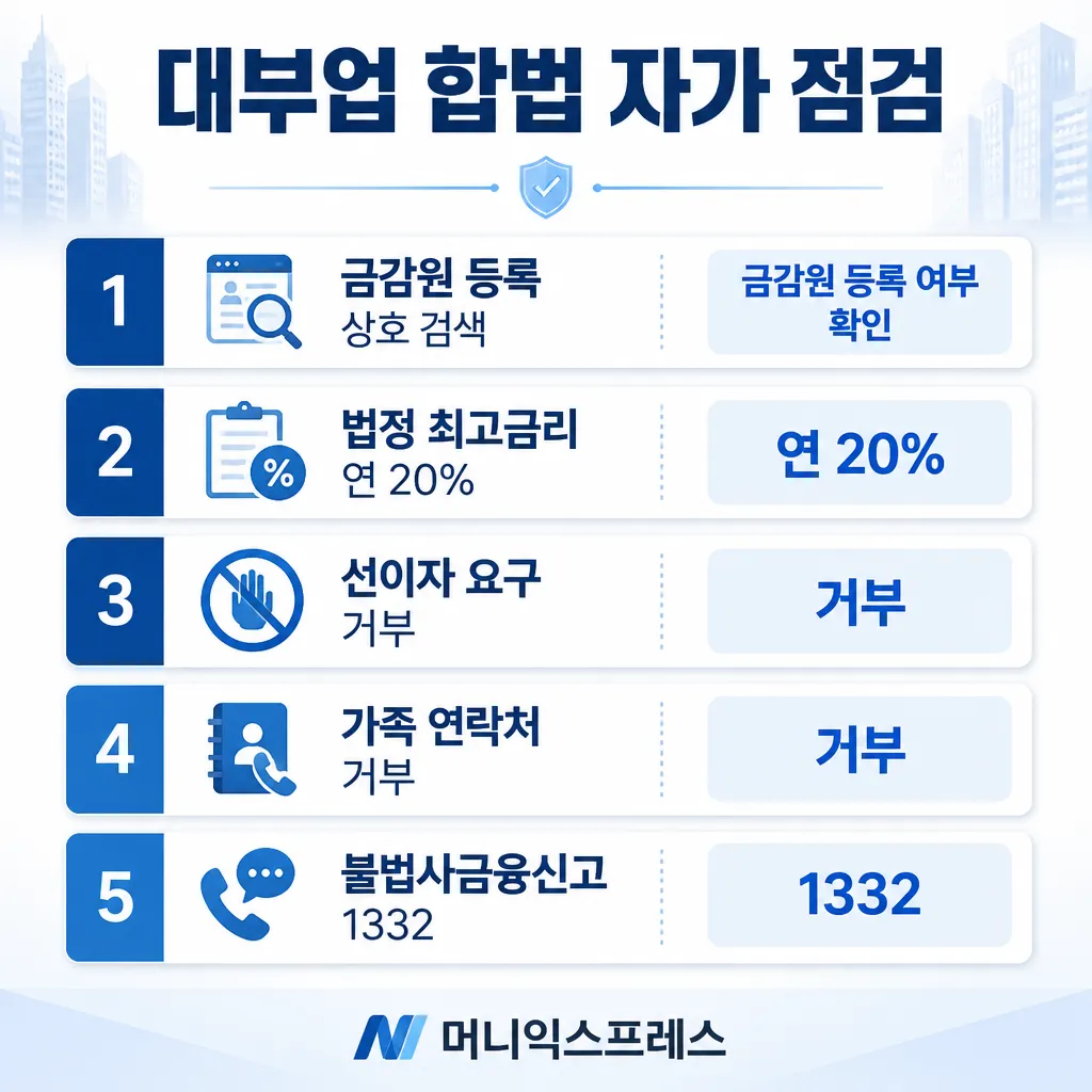 대부업 합법 자가 점검 — 금감원 등록·연 20% 금리·선이자·가족 연락처·1332