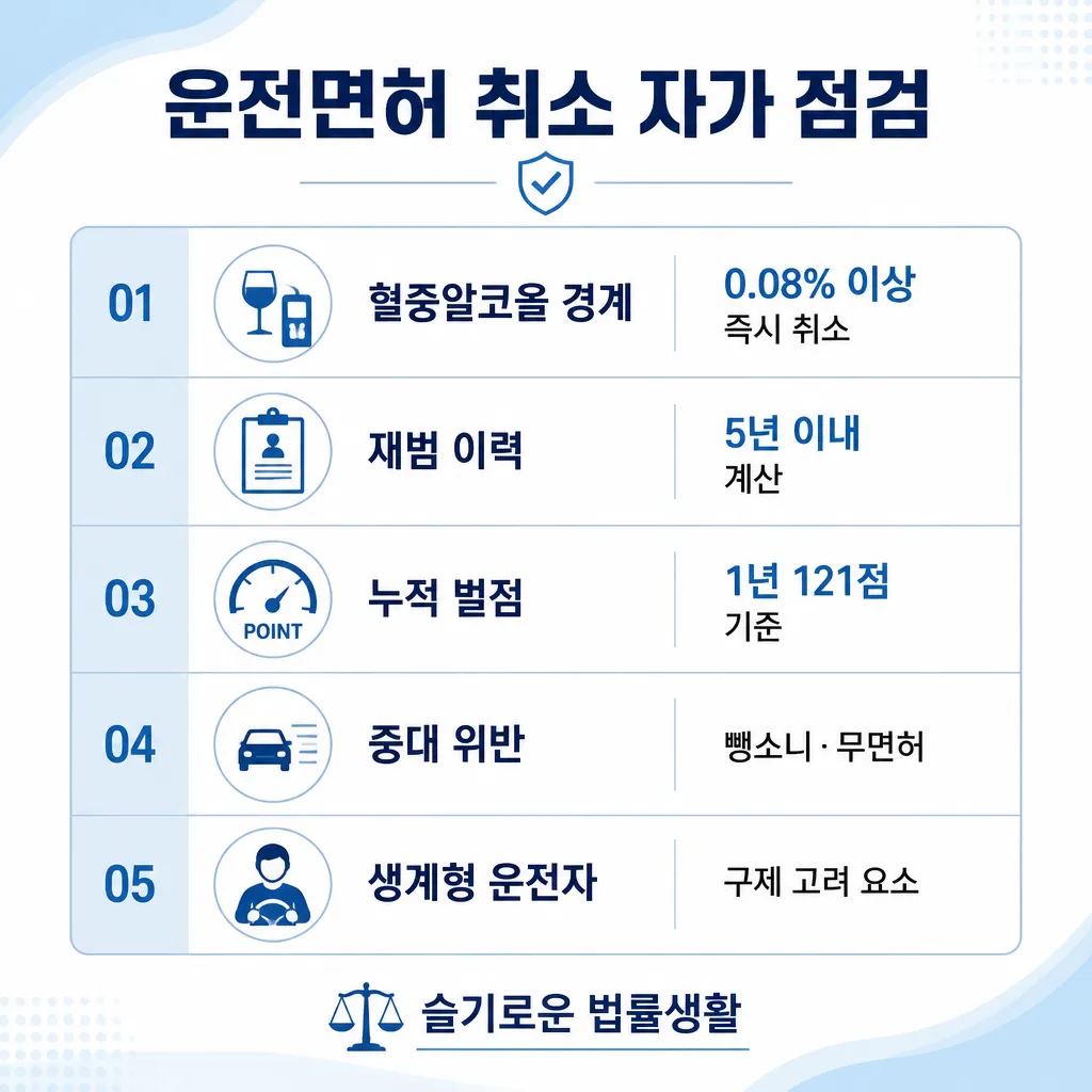 운전면허 취소 자가 점검 — 혈중알코올·재범·벌점·중대 위반·생계형