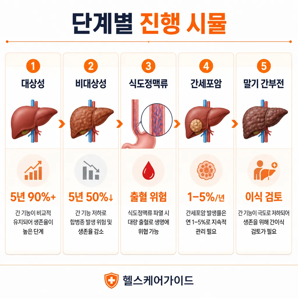 간경화 단계별 진행 시뮬레이션 인포그래픽