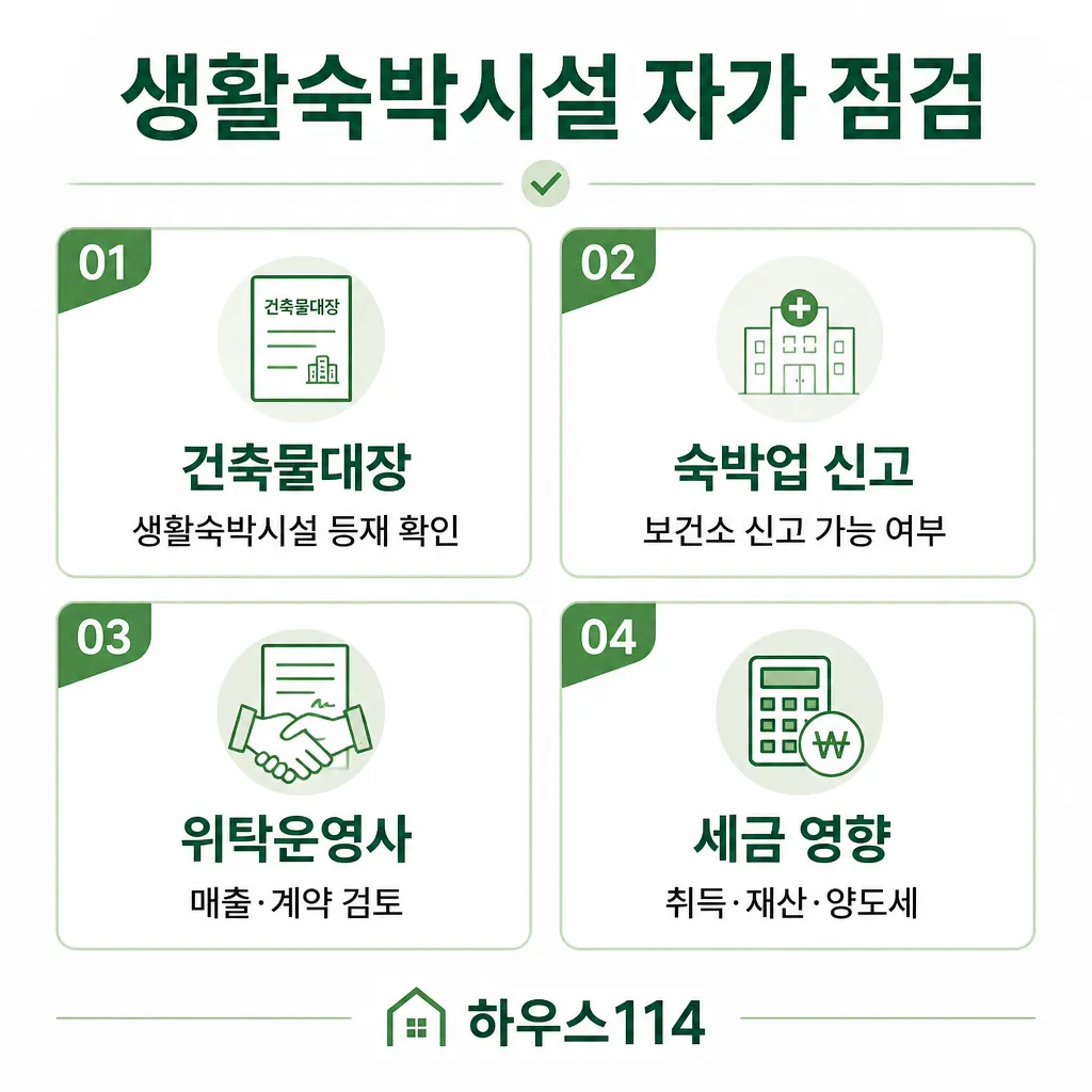 생활숙박시설 자가 점검 — 건축물대장·숙박업·운영사·세금
