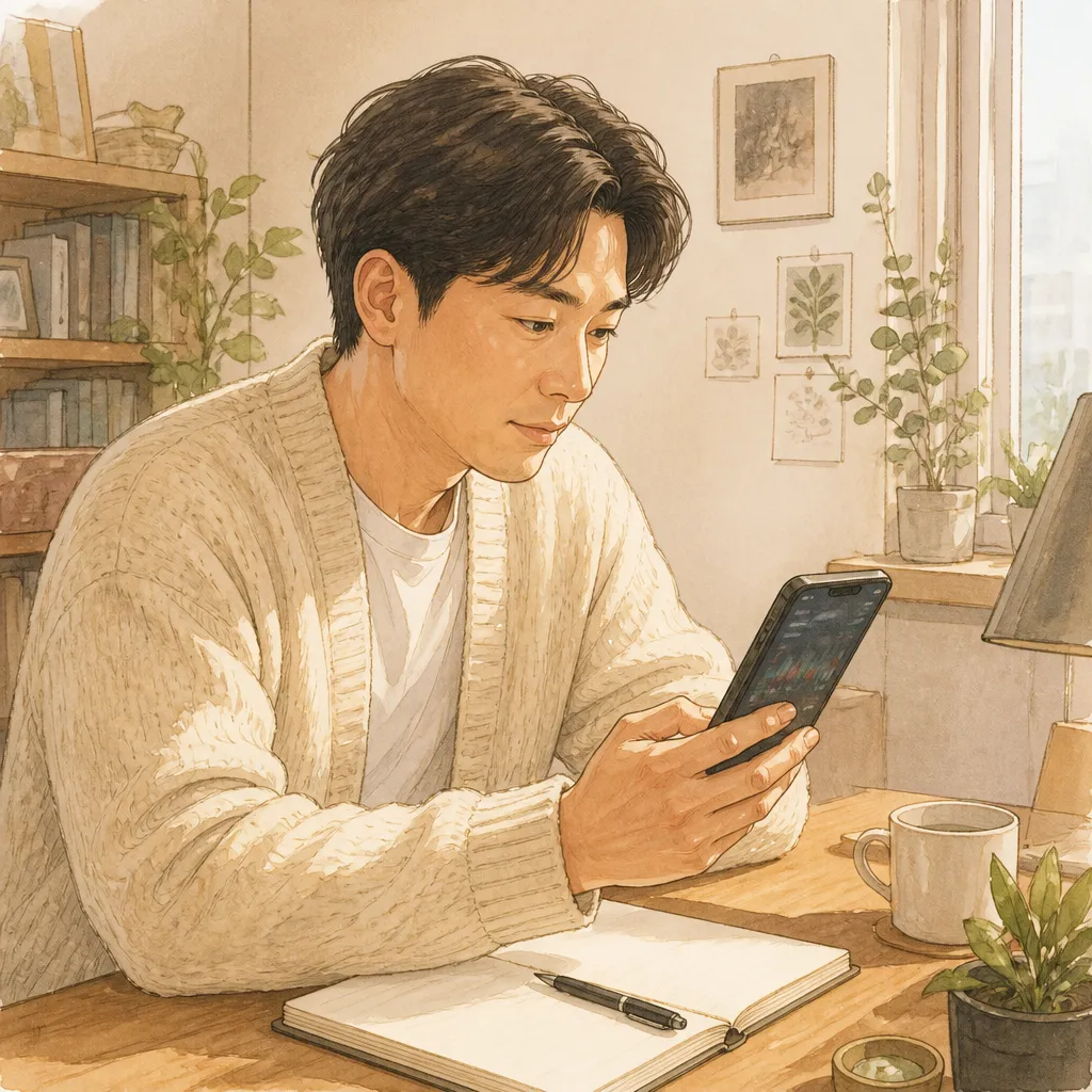 미래에셋증권 주식담보대출 — 가정에서 모바일 앱 검토하는 모습