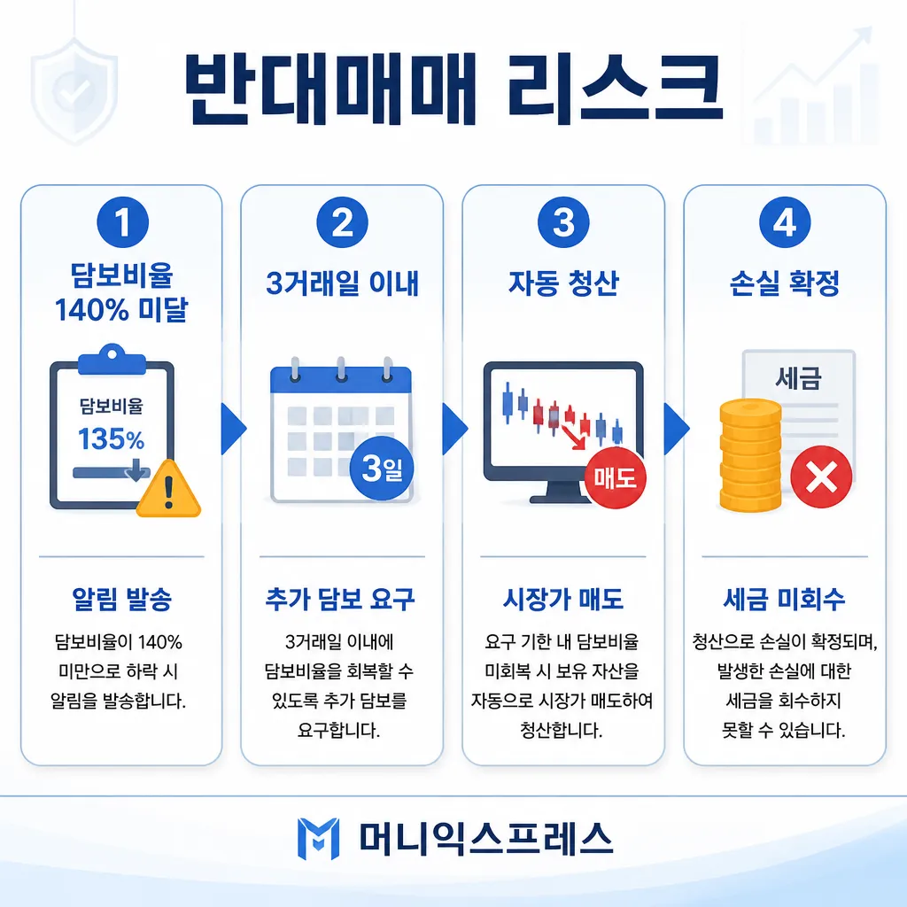 반대매매 리스크 — 담보비율 140% 미달·3거래일·자동 청산·손실 확정