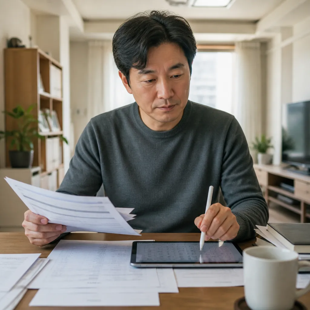 노인요양원 설립 — 가정에서 사업 계획서를 검토하는 모습
