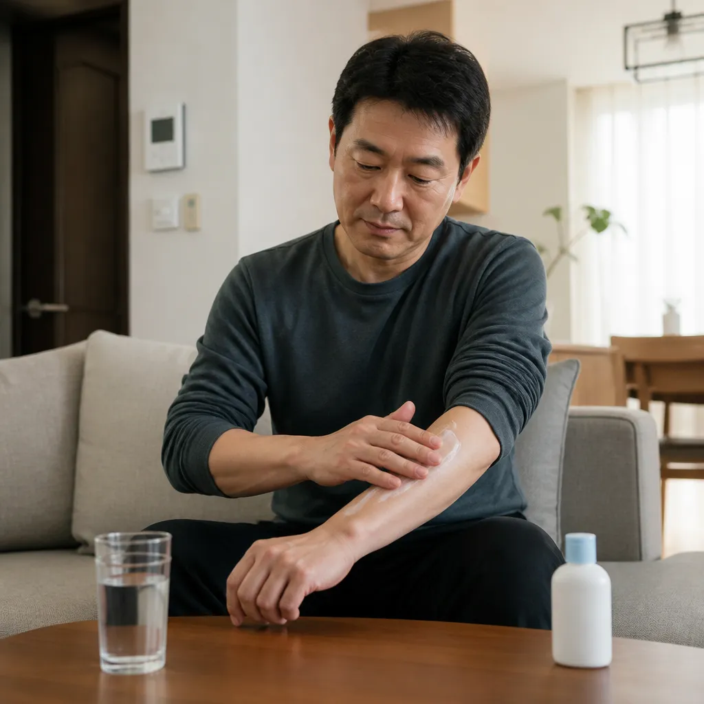 결절성 양진 — 가정에서 보습제를 부드럽게 바르는 일상 관리 모습