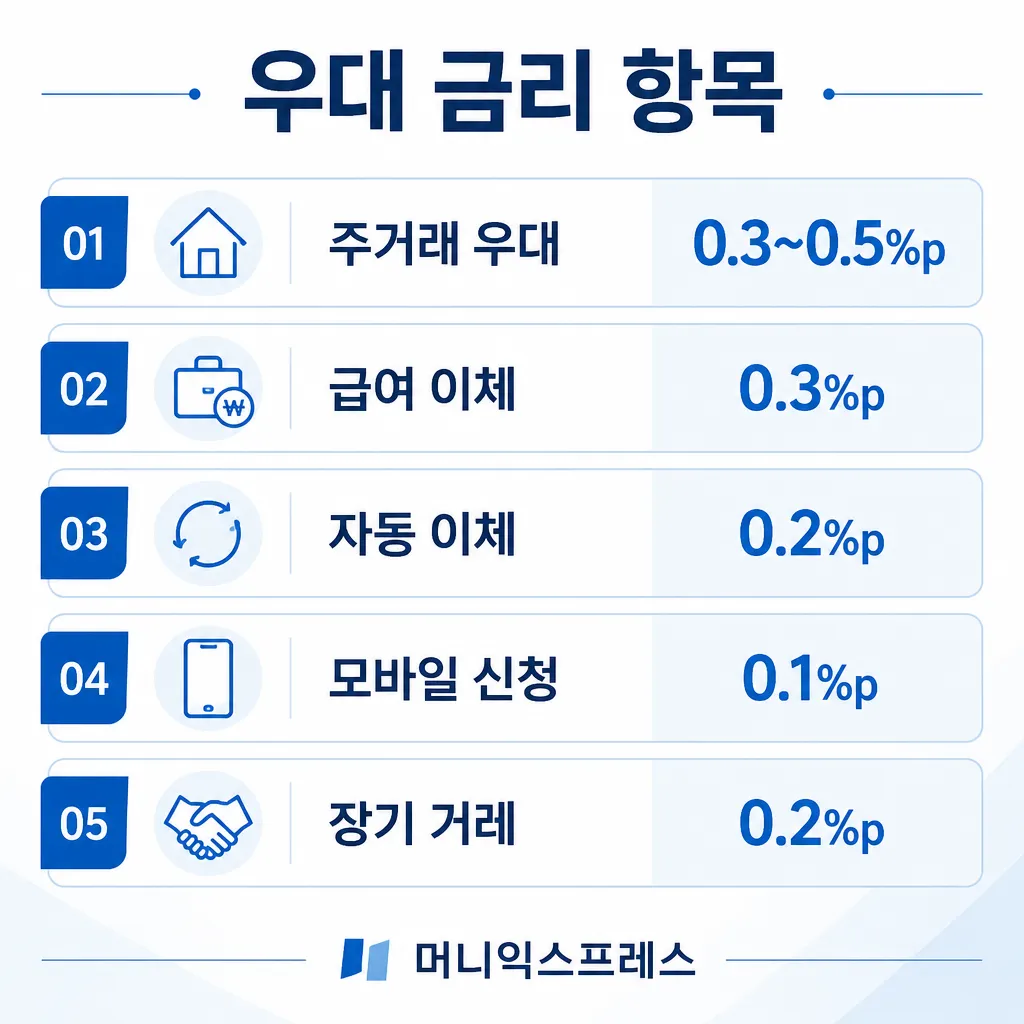 우대 금리 항목 — 주거래·급여·자동이체·모바일·장기 거래