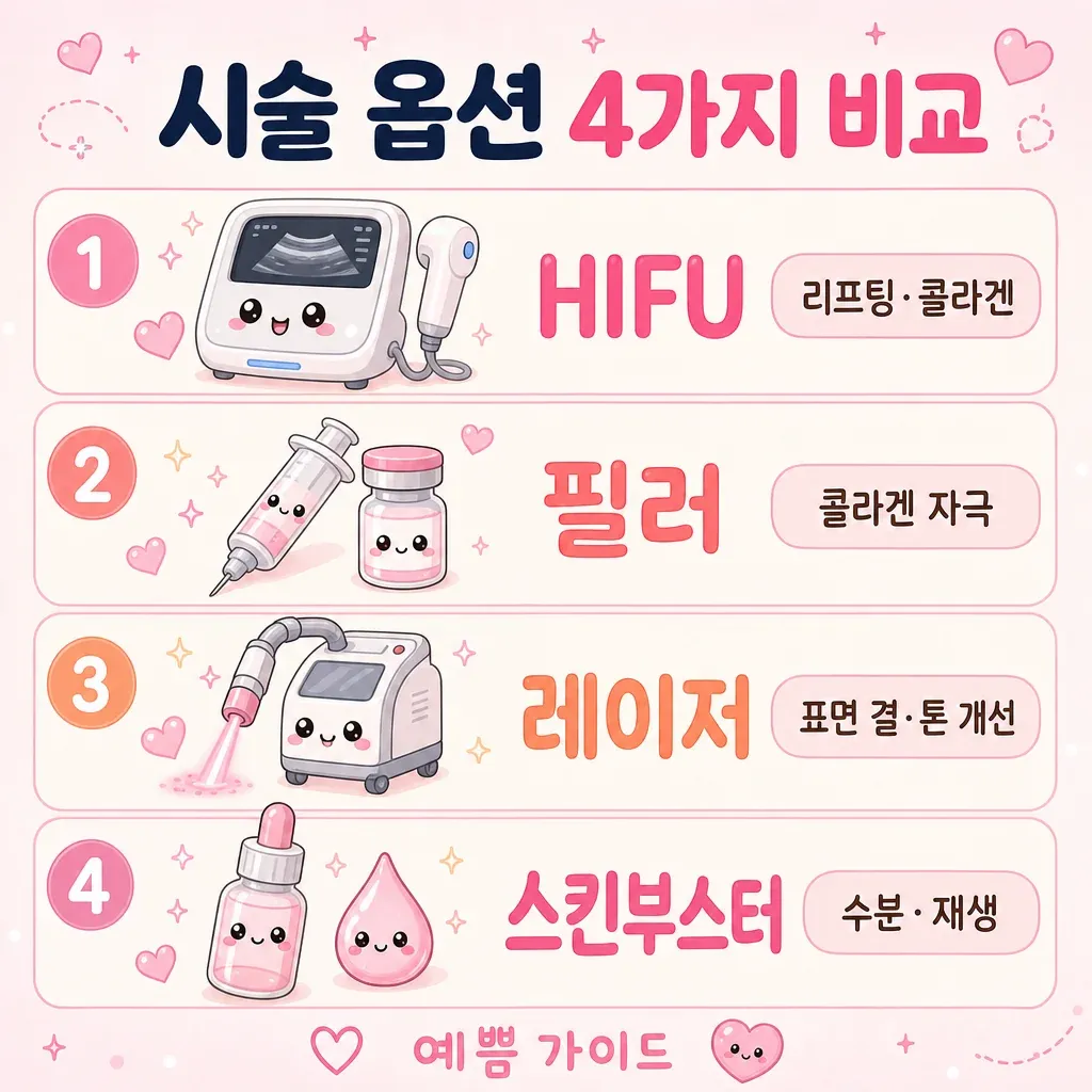 피부탄력관리 시술 옵션 4가지 비교 카와이 인포그래픽