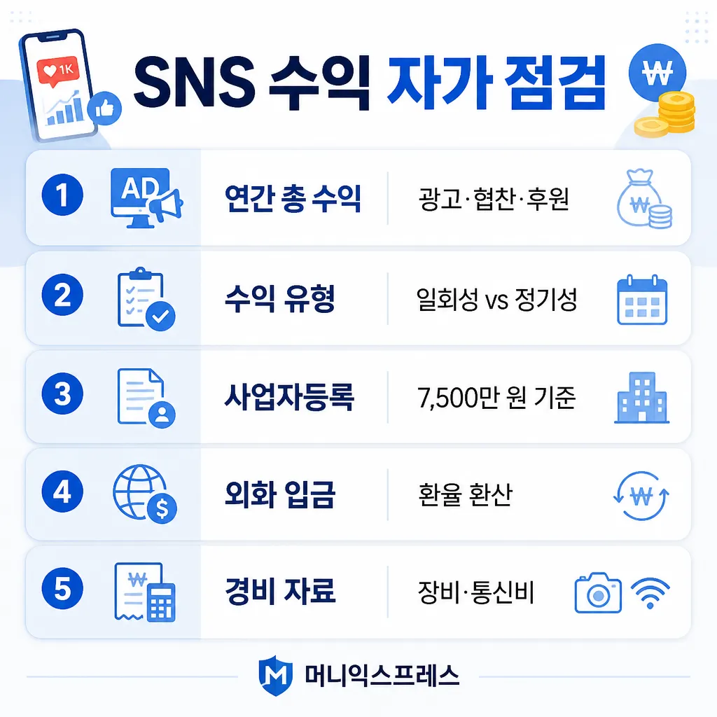 SNS 수익 자가 점검 — 총 수익·유형·사업자등록·외화·경비