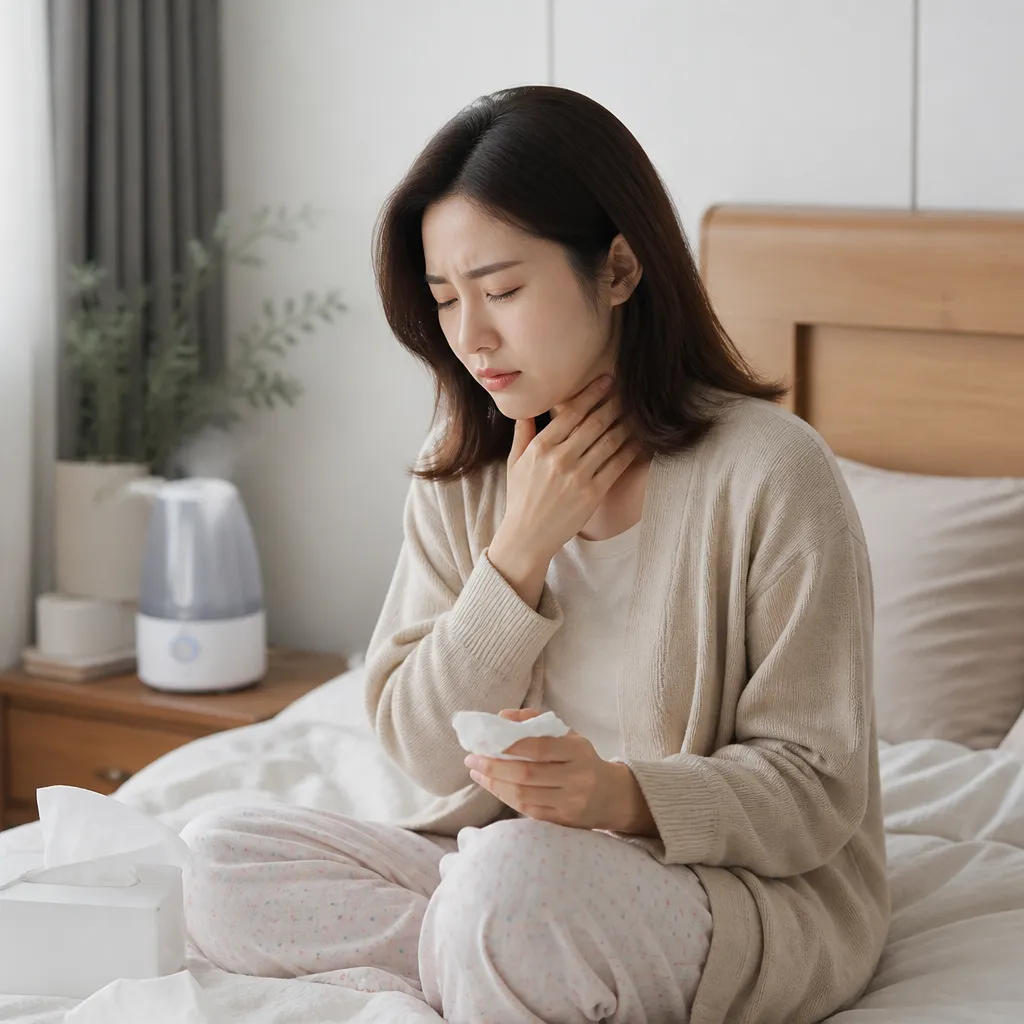 코막힘 — 침실에서 휴지를 들고 가습기 옆에 앉은 모습