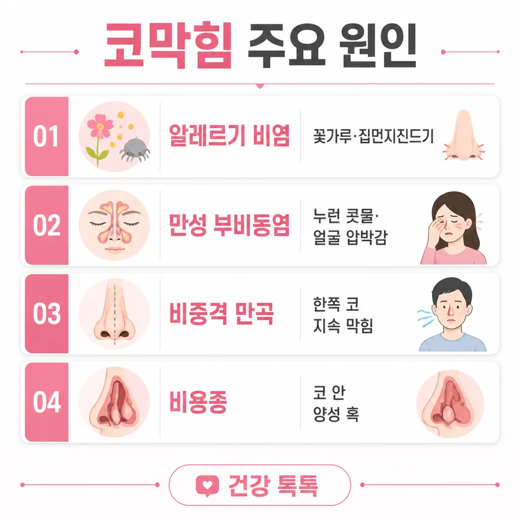 코막힘 주요 원인 — 알레르기 비염·부비동염·중격만곡·비용종