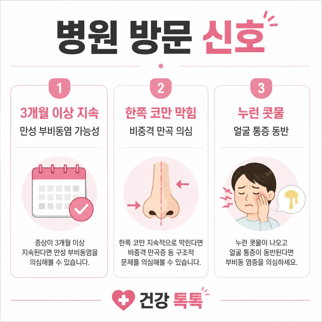 코막힘 — 병원 방문 신호 (3개월 지속·한쪽 막힘·누런 콧물)