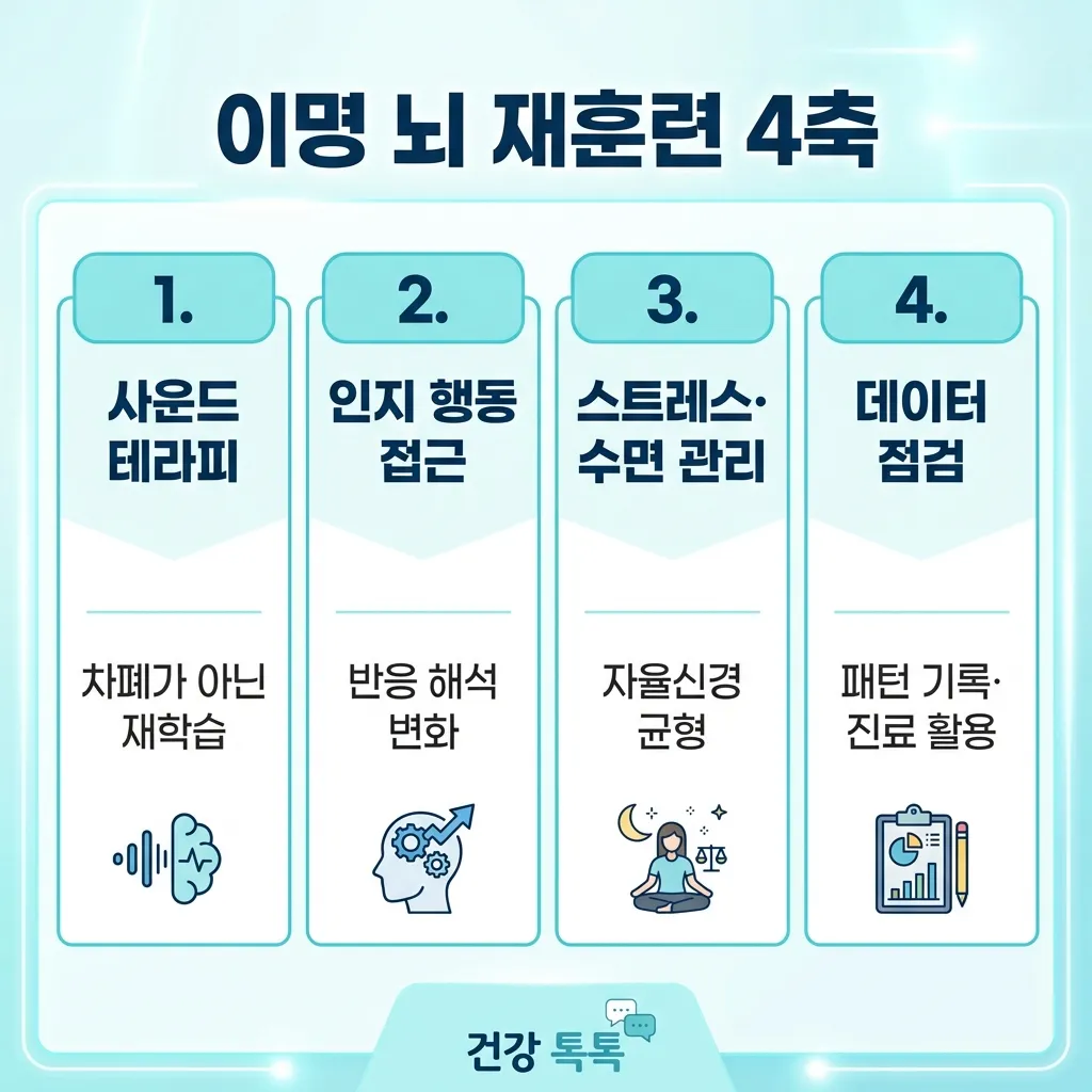 이명 뇌 재훈련 4축 — 사운드·인지·스트레스 수면·데이터
