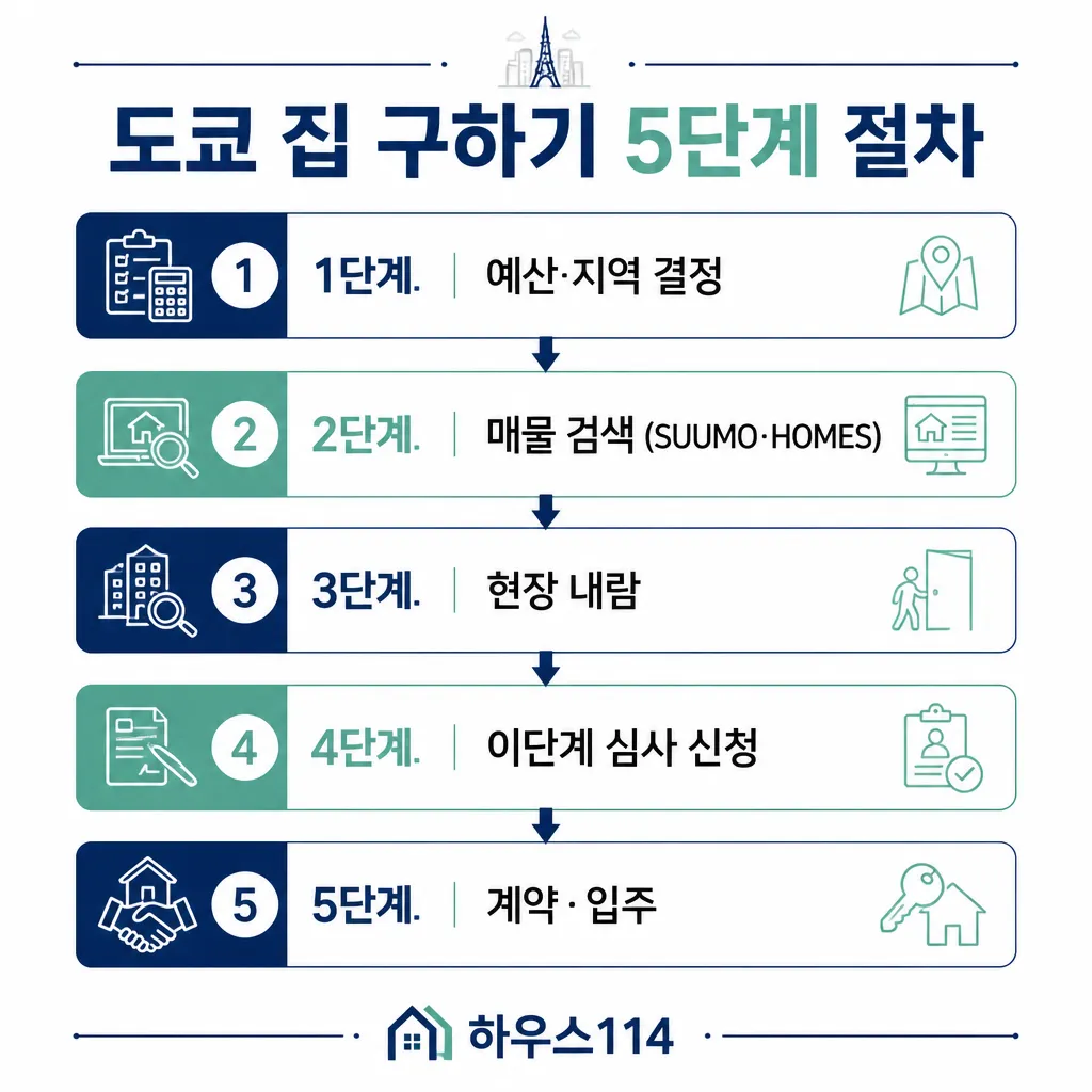 도쿄 집 구하기 5단계 절차 카와이 인포그래픽
