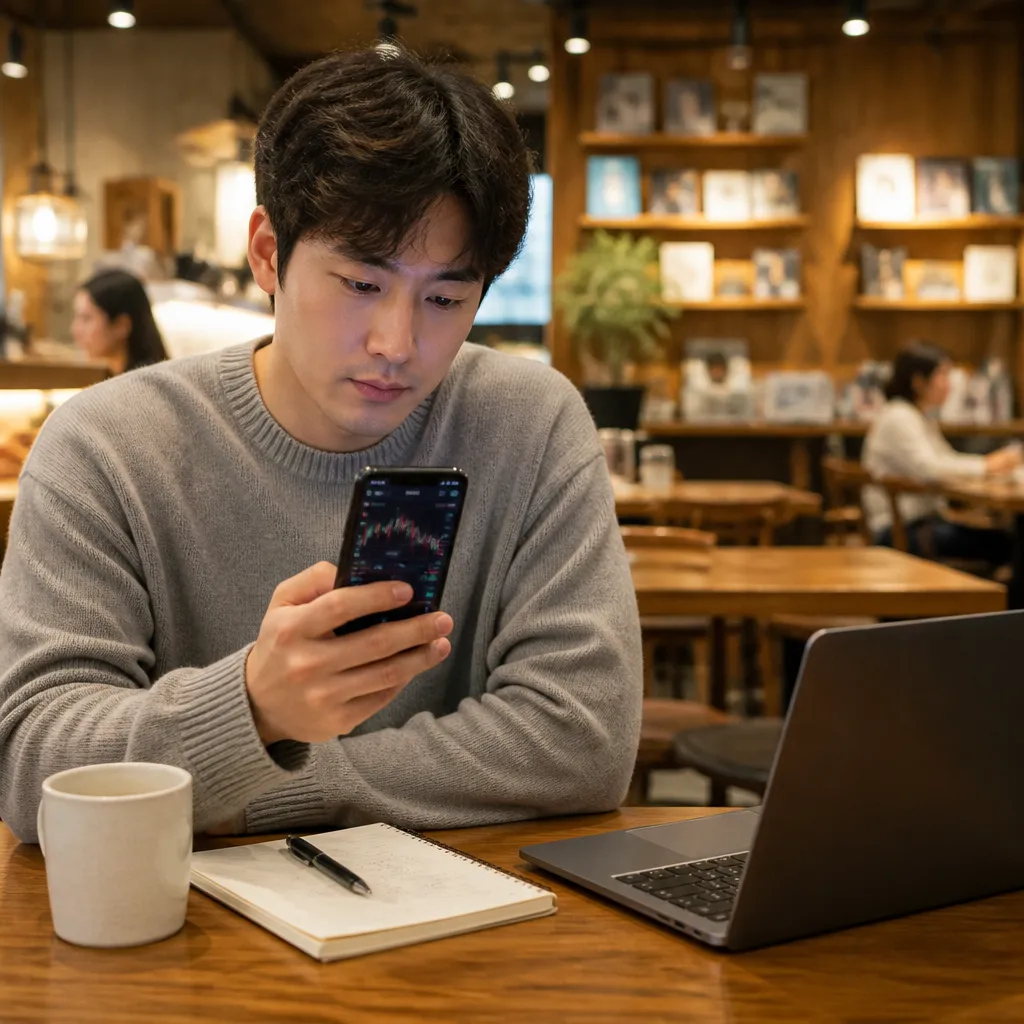 카페에서 토스 주식 앱 확인하는 청년