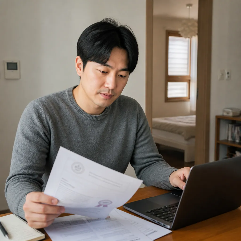 상표 등록 — 가정에서 상표 출원 자료를 검토하는 모습