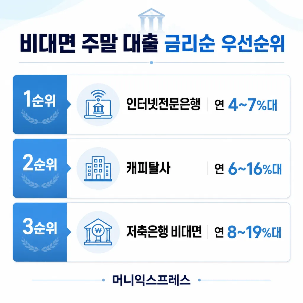 비대면 주말 대출 금리순 우선순위 — 인터넷은행·캐피탈·저축은행 비교