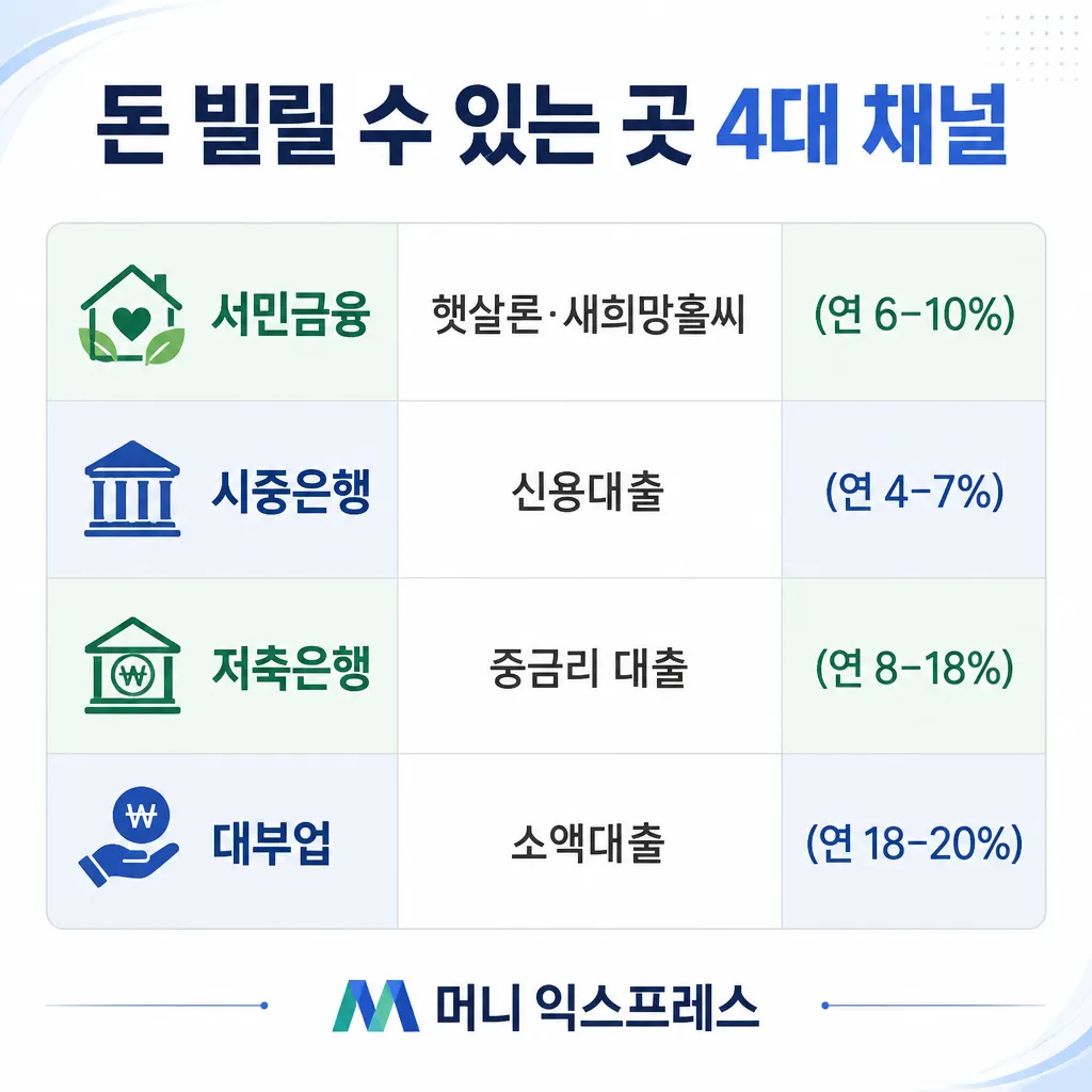 돈 빌릴 수 있는 곳 4대 채널 카와이 인포그래픽
