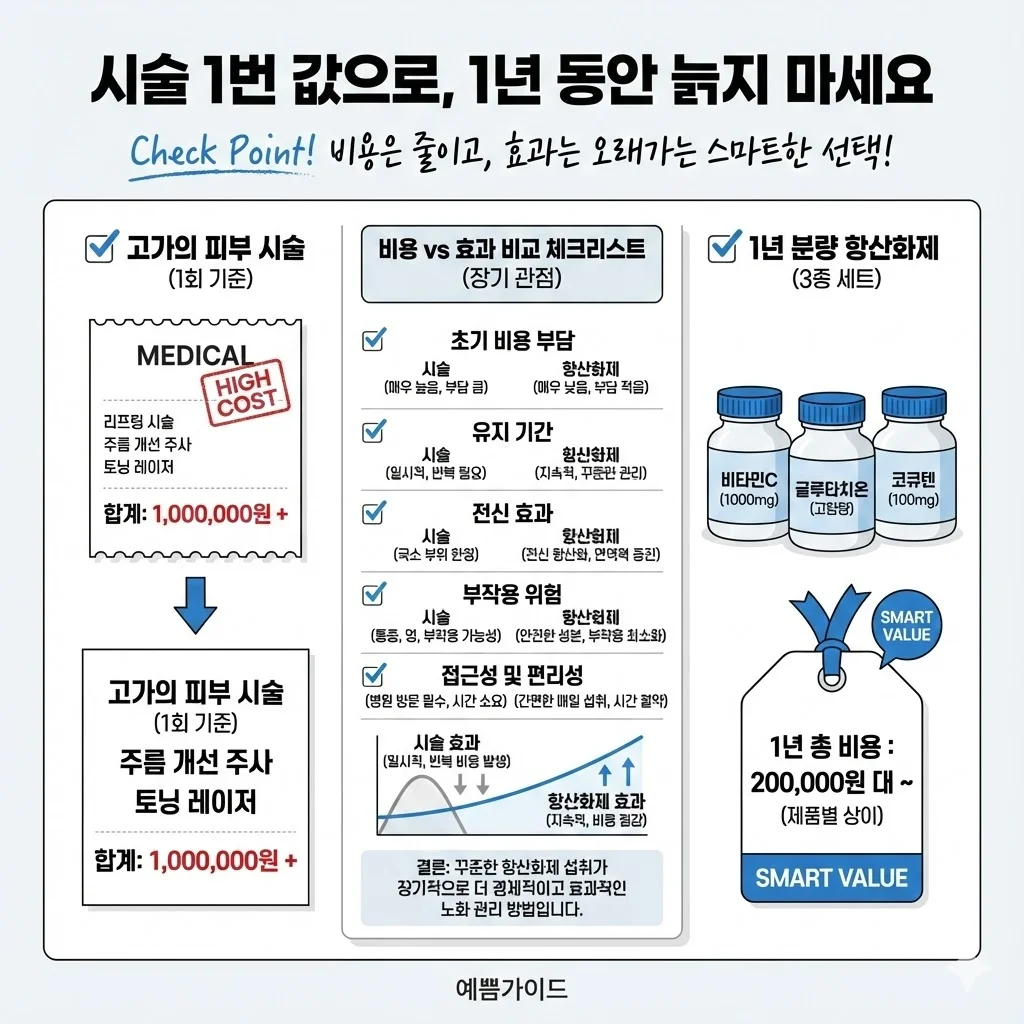 고가 피부 시술 항산화제 비용 효과 비교 1년 노화 방지 글루타치온 비타민C 코큐텐 스마트 선택