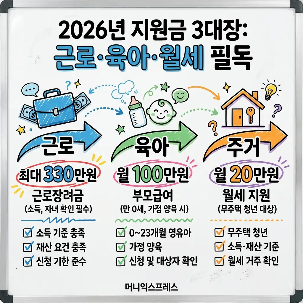 2026년 지원금 3대장 근로장려금 육아 부모급여 월세 지원 상세 비교 최대 금액 신청 기준